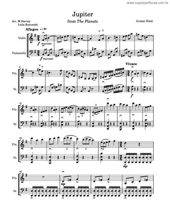 Partitura da música `Jupiter` Violin & Cello Duet – Gustav Holst