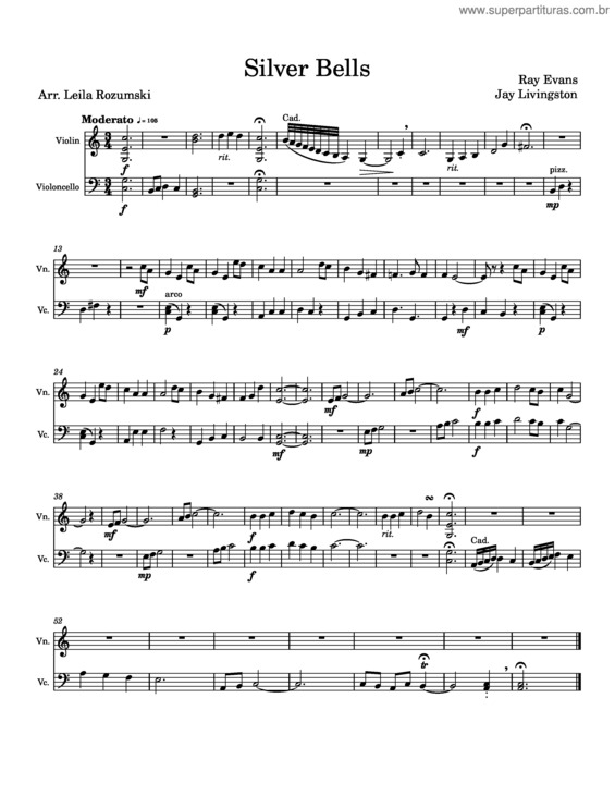 Partitura da música `Silver Bells` Violin & Cello Arrangement – Jay Livingston & Ray Evans