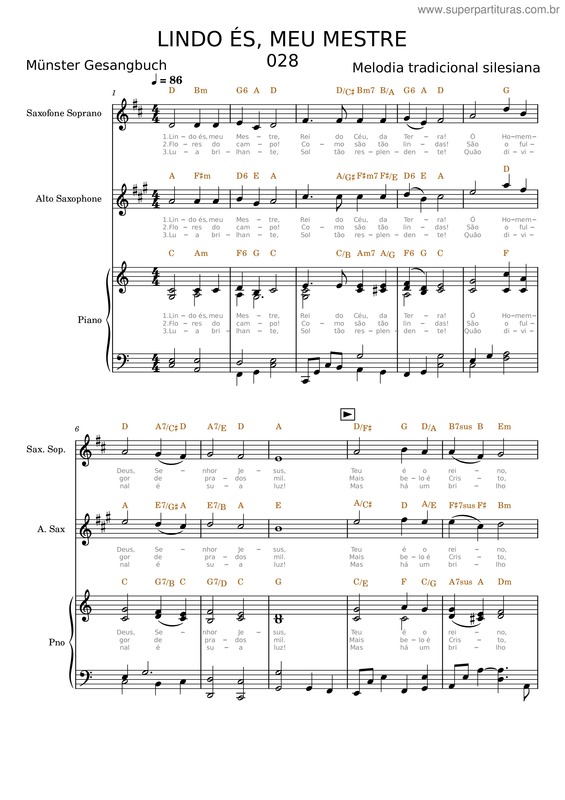 Partitura da música 028 – Lindo És Meu Mestre