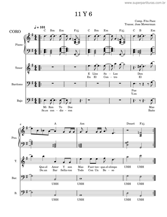 Partitura da música 11 Y 6 Fito Paez Piano Coral