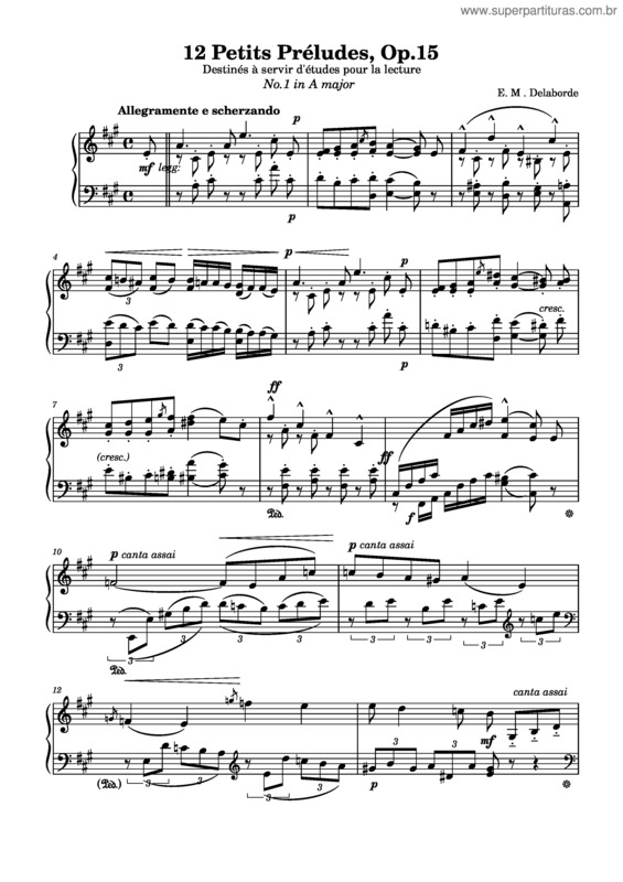 Partitura da música 12 Petits Preludes, Op.15, No.1 In A Major