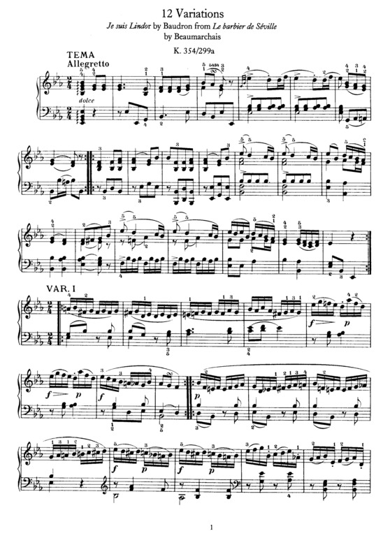 Partitura da música 12 Variations on `Je suis Lindor`