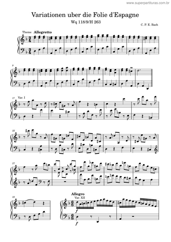 Partitura da música 12 Variations On The Folie D`Espagne – Carl Philipp Emanuel Bach Variationen Uber Die Folie D`Espagne