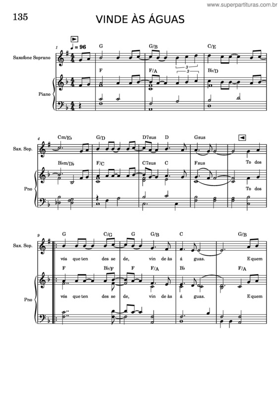 Partitura da música 135 – Vinde As Águas