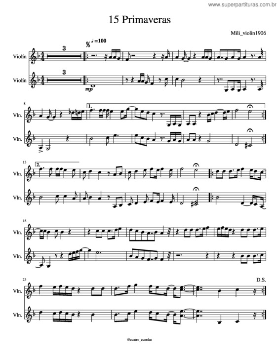 Partitura da música 15 Primaveras – Trio San Javier
