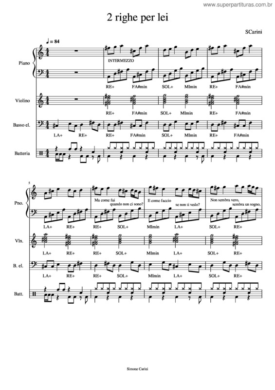 Partitura da música 2 Righe Per Lei