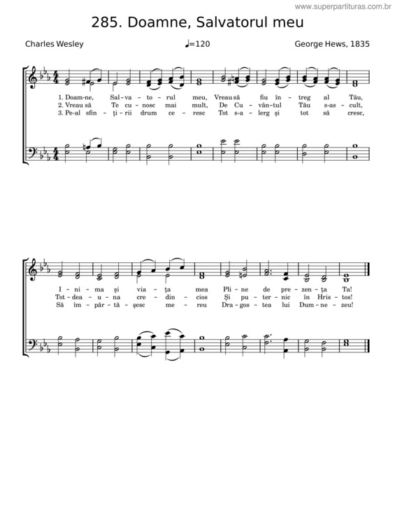 Partitura da música 285. Doamne, Salvatorul Meu – Charles Wesley;George Hews