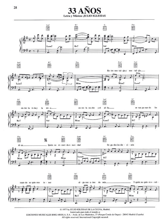 Partitura da música 33 Años