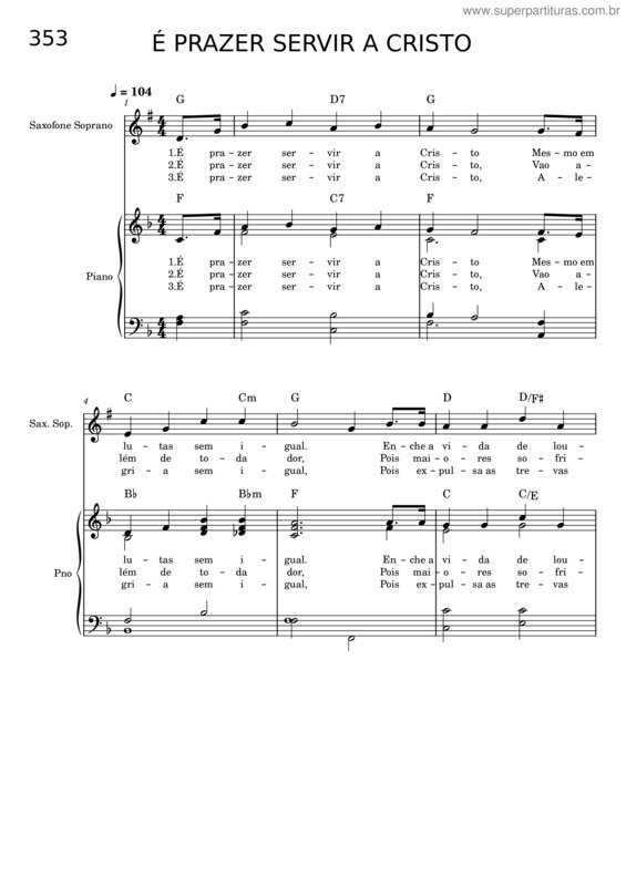 Partitura da música 353 – É Prazer Servir A Cristo