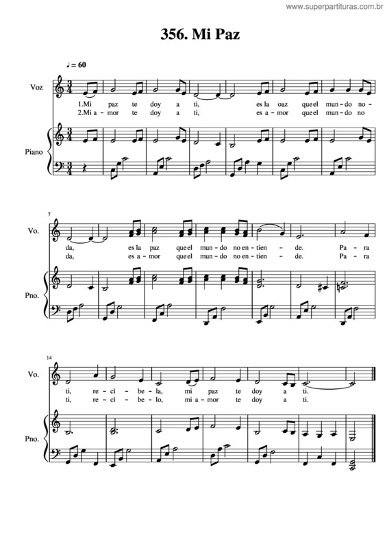 Partitura da música 356.  G   Mi Paz