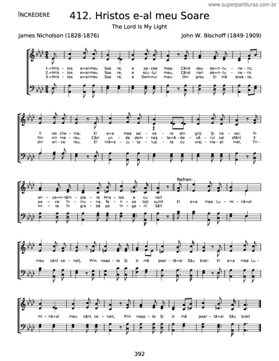Partitura da música 412. Hristos E–Al Meu Soare – John W. Bischoff;James Nicholson