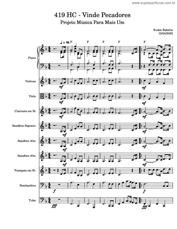 Partitura da música 419 Hc – Vinde Pecadores