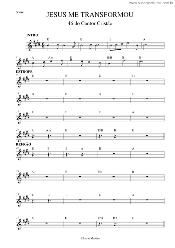 Partitura da música 46 - Jesus Me Transformou - Tom E