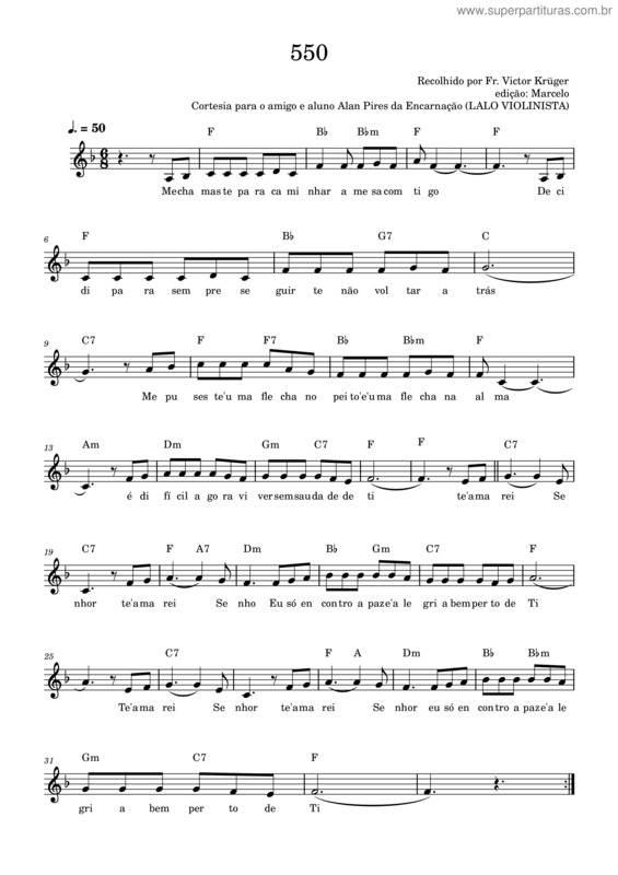 Partitura da música 550 – Te Amarei Senhor