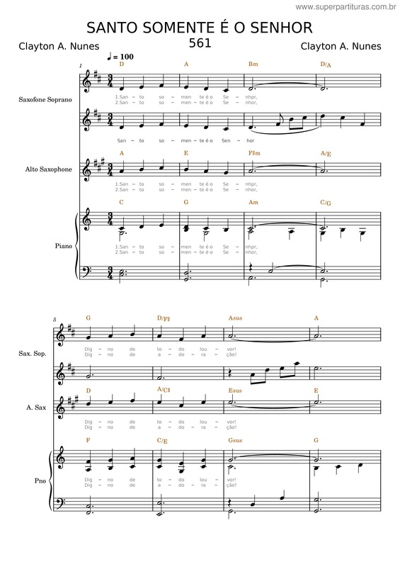 Partitura da música 561 – Santo Somente É O Senhor