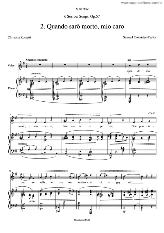 Partitura da música 6 Sorrow Songs, Op.57 – Coleridge–Taylor, Samuel Quando Sarò Morto, Mio Caro