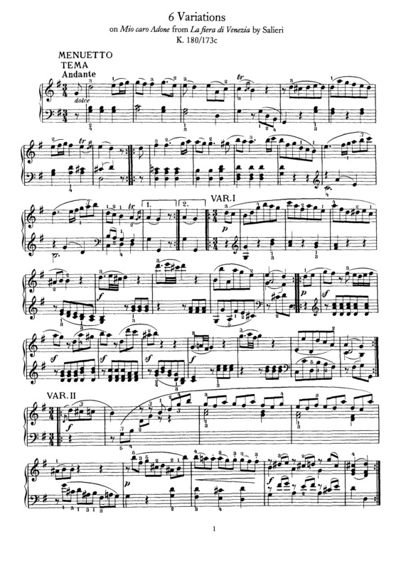 Partitura da música 6 Variations on `Mio car Adone`