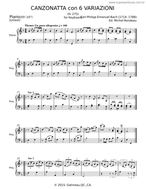Partitura da música 6 Variations On A Canzonette, H.275 – Carl Philipp Emanuel Bach