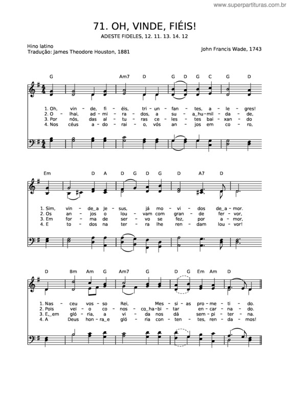 Partitura da música 71 Oh, Vinde, Fiéis
