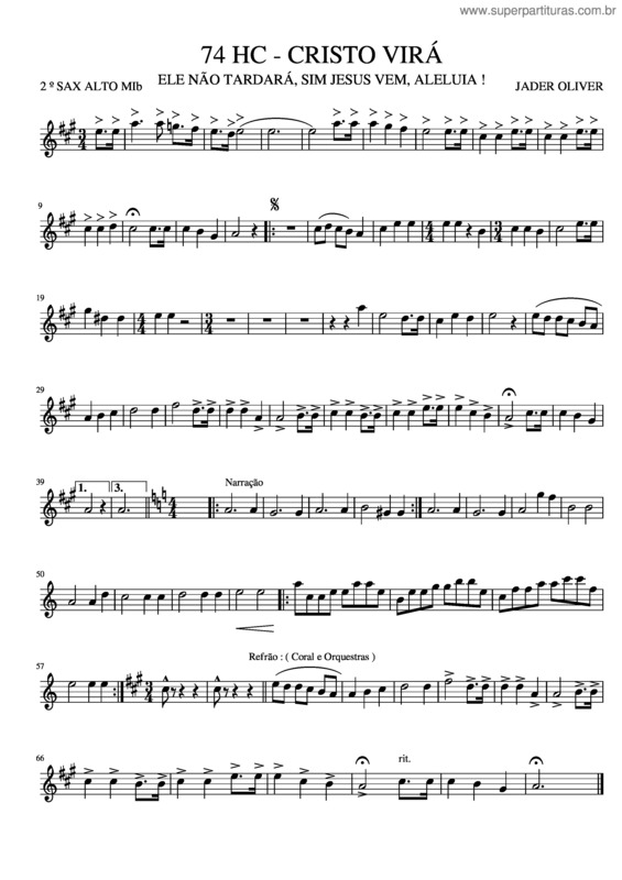Partitura da música 74 Hc 2 Sax Alto Mi B Cristo Vir