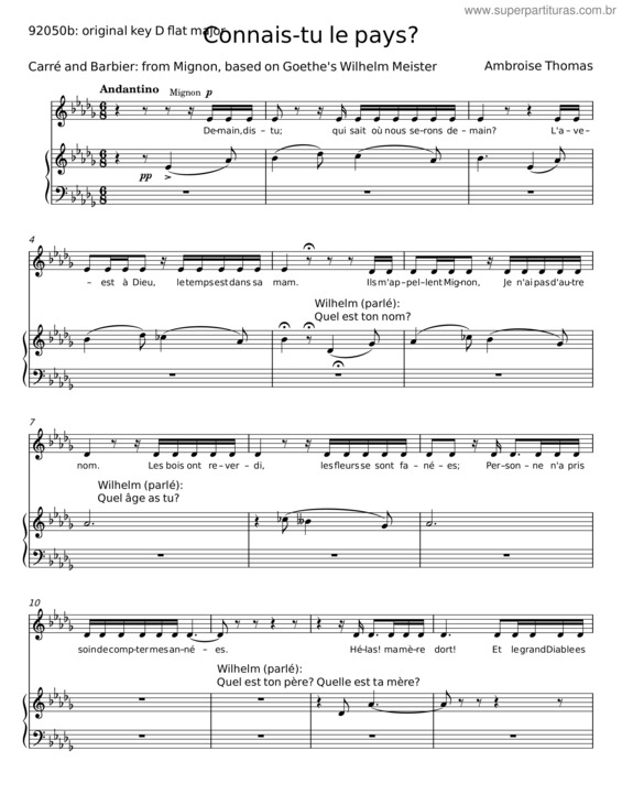 Partitura da música A. Thomas–Connais–Tu Le Pays,From Mignon,In D Major,For Voice And Piano – Charles Louis Ambroise Tho