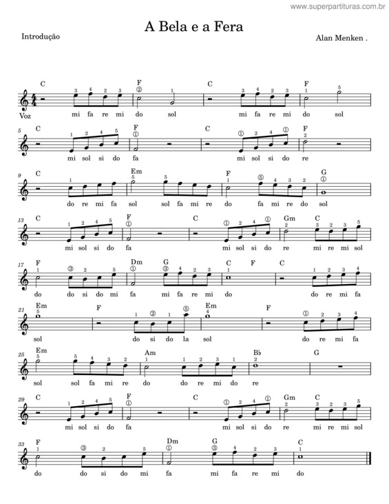 Partitura da música A Bela E A Fera – Alan Menken v.2
