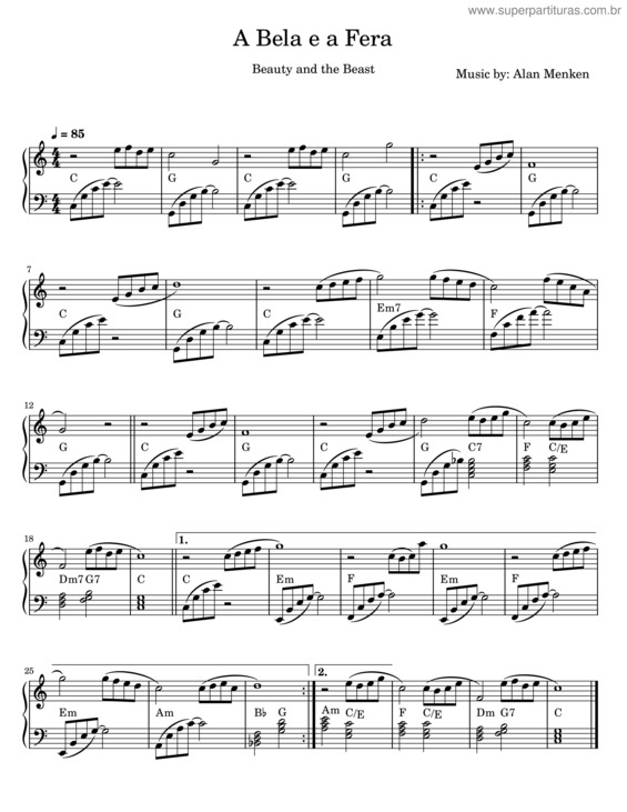 Partitura da música A Bela E A Fera – Alan Menken