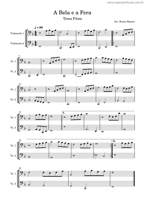 Partitura da música A Bela E A Fera Para 2 Cellos
