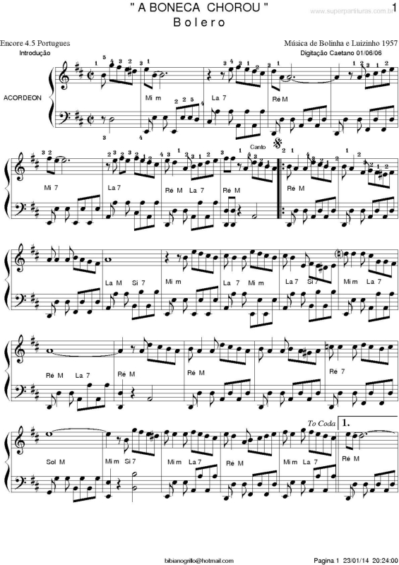 Partitura da música A Boneca Chorou