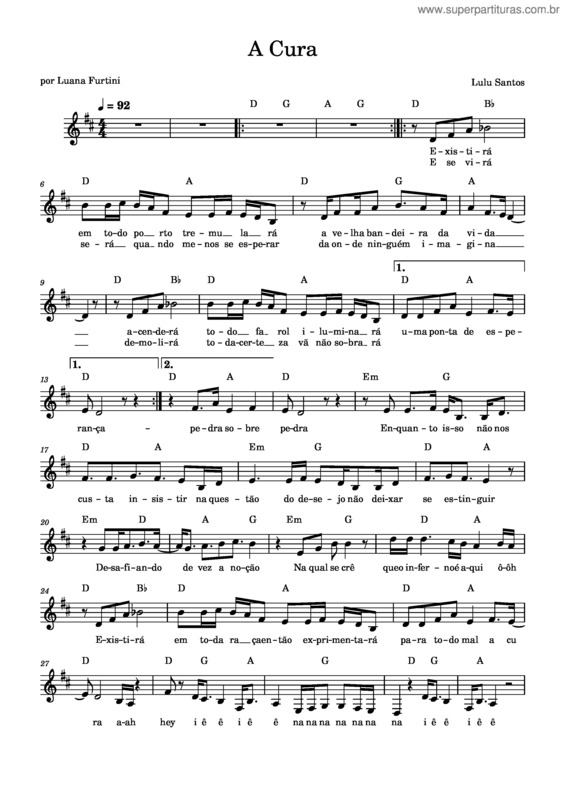 Partitura da música A Cura – Lulu Santos A Cura – Lulu Santos