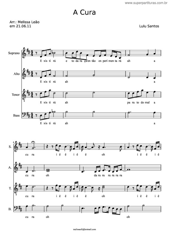 Partitura da música A Cura – Lulu Santos Arr.: Melissa Leão