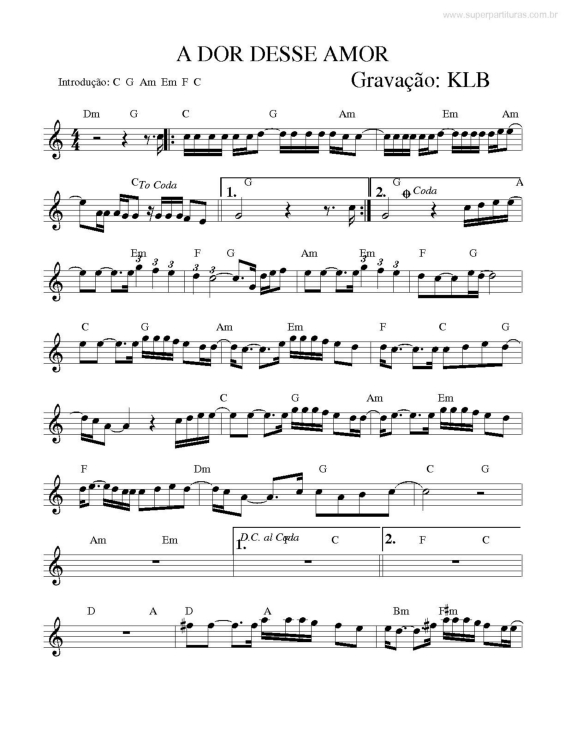 Partitura da música A dor dessde amor