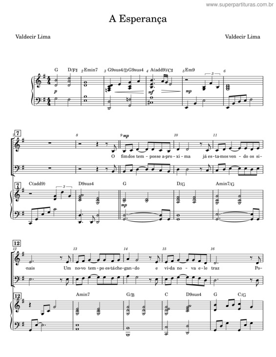 Partitura da música A Esperança – Lineu Soares