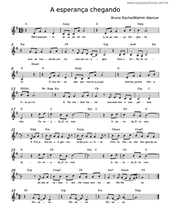 Partitura da música A Esperança Chegando – Ministério Adoração E Vida
