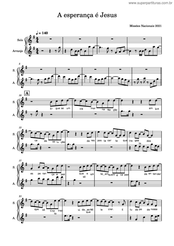 Partitura da música A Esperança É Jesus – Missões Nacionais Mn 2021 1#