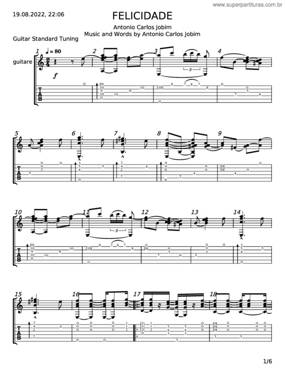 Partitura da música A Felicidade – Antonio Carlos Jobim, Frank Sinatra