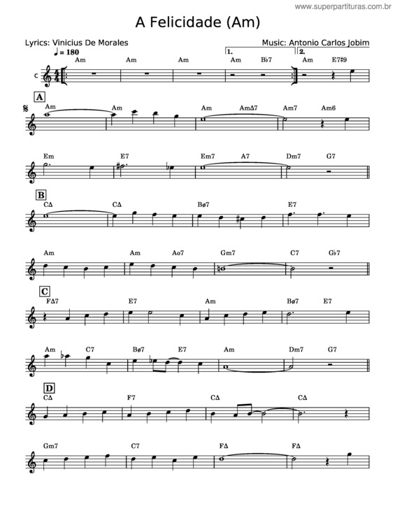 Partitura da música A Felicidade – Antônio Carlos Jobim v.3