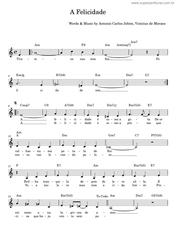 Partitura da música A Felicidade – Antônio Carlos Jobim v.8