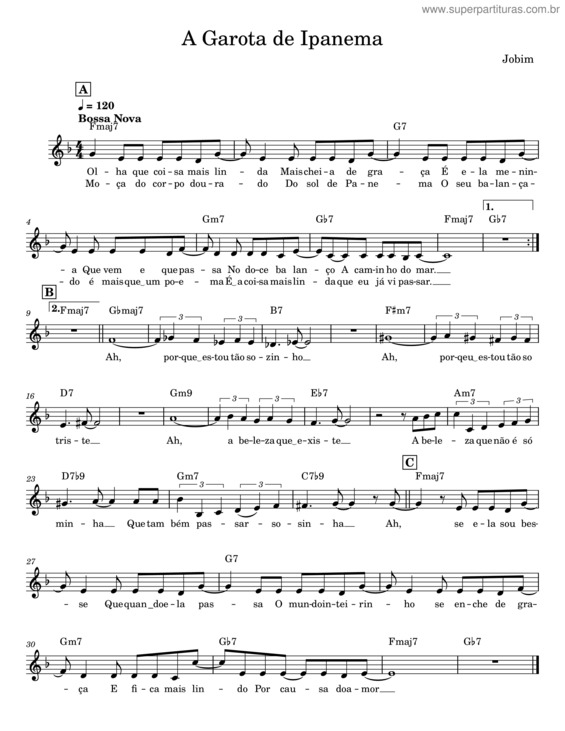 Partitura da música A Garota De Ipanema – Antônio Carlos Jobim