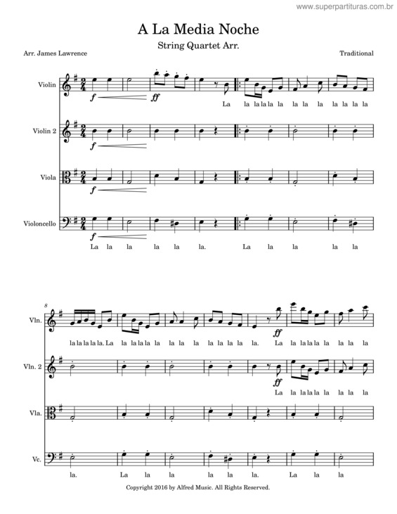 Partitura da música A La Media Noche – Misc Traditional A La Media Noche , String Quartet Arr.– Misc Traditional