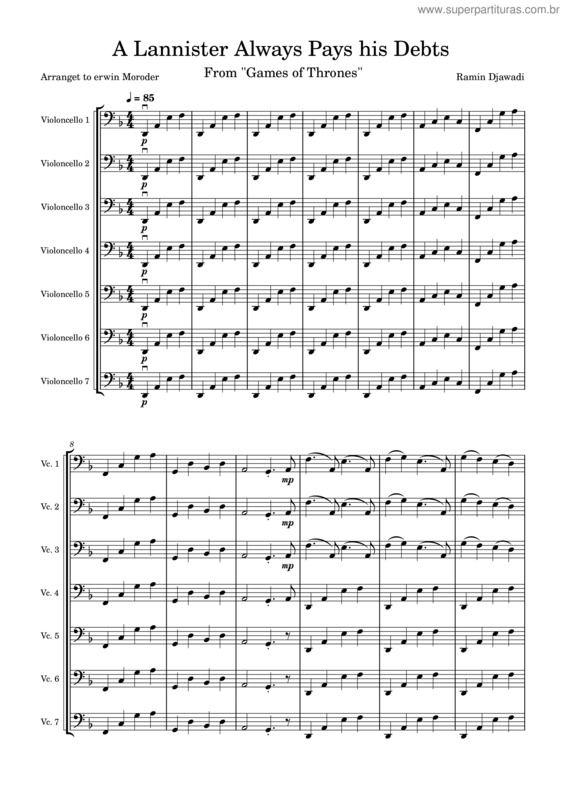 Partitura da música A Lannister Always Pays His Debts – From Game Of Thrones – 7 Violoncelli