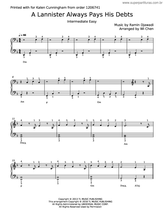 Partitura da música A Lannister Always Pays His Debts – Ramin Djawadi