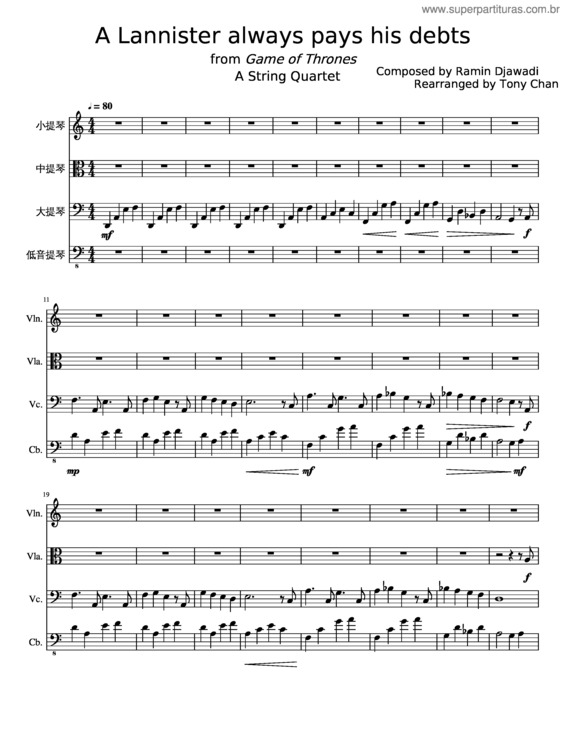 Partitura da música A Lannister Always Pays His Debts String Quartet