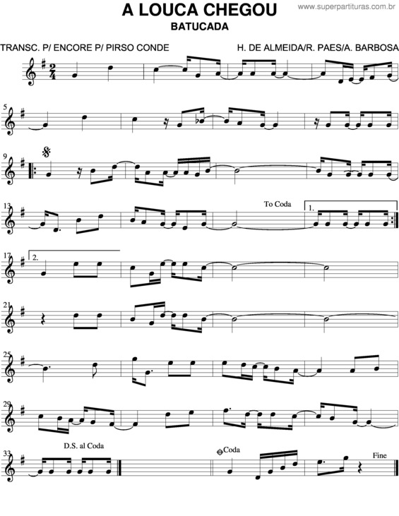 Partitura da música A Louca Chegou