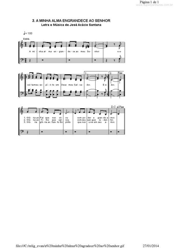 Partitura da música A Minha Alma Engrandece ao Senhor