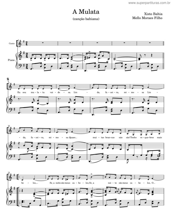 Partitura da música A Mulata – Xisto Bahia