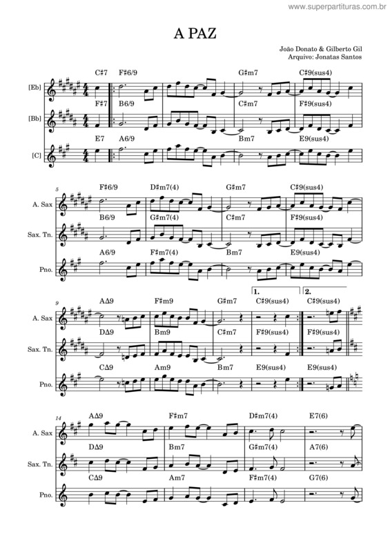 Partitura da música A Paz – Gilberto Gil E João Donato