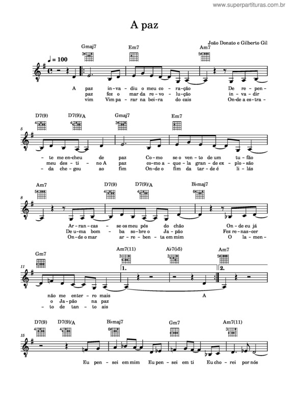 Partitura da música A Paz – João Donato E Gilberto Gil A Paz – João Donato E Gilberto Gil – G