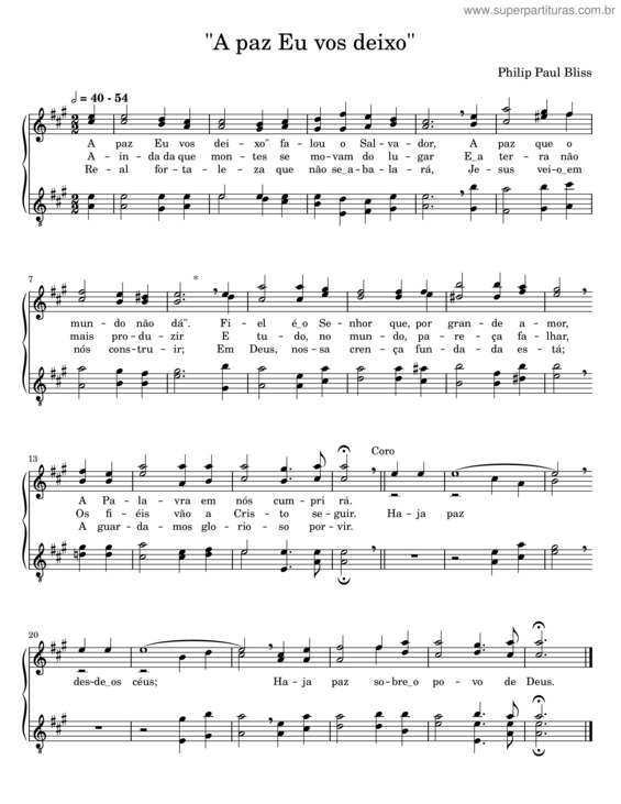 Partitura da música A Paz Eu Vos Deixo – Philip Paul Bliss v.2