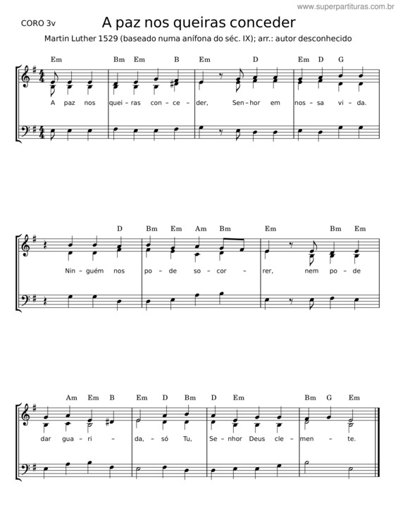 Partitura da música A Paz Nos Queiras Conceder – Martin Luther